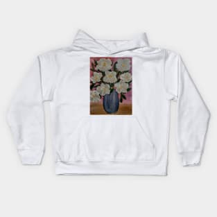 Some white and silver abstract flowers in a blue vase Kids Hoodie